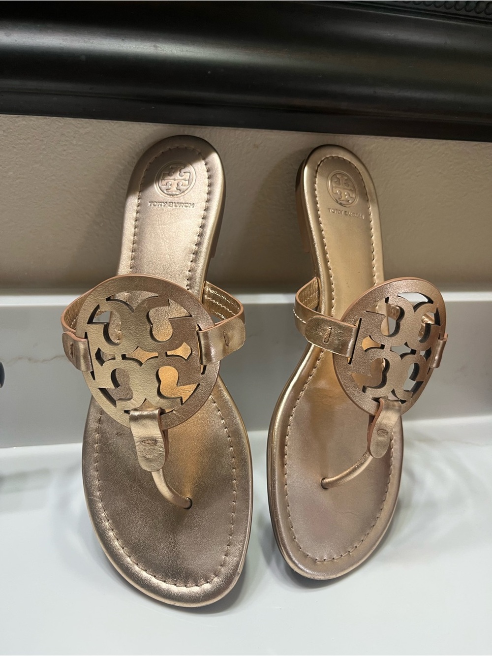 Tory Burch Metallic Rose Gold Miller Logo Thong Sandals